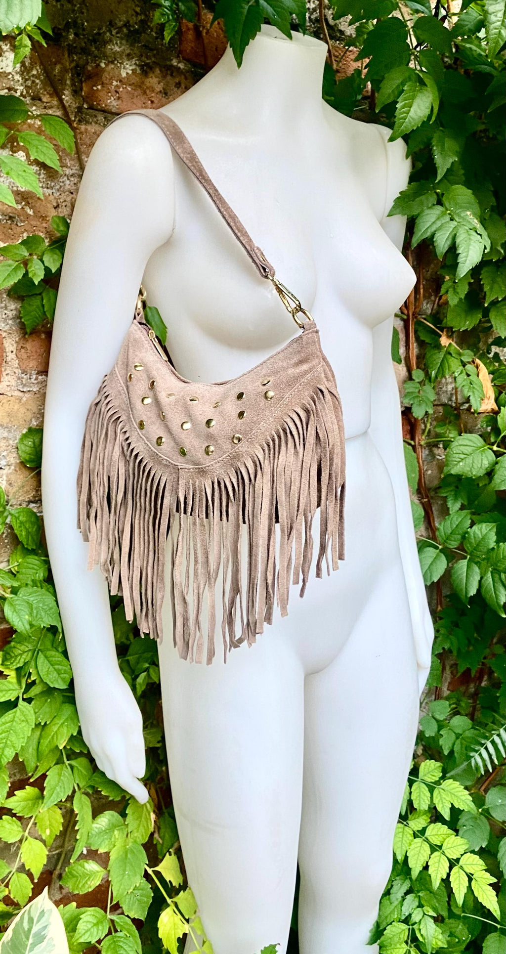 Small taupe brown suede crossbody bag with fringes + tacks. Light brown suede hippy purse. Greyge color genuine suede leather boho bag.