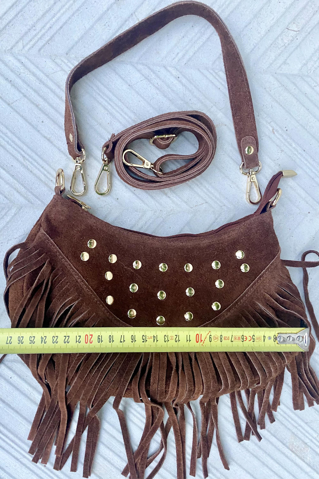 Small dark brown suede crossbody bag with fringes + tacks. Chocolate brown suede hippy purse. Brown genuine suede leather boho bag.