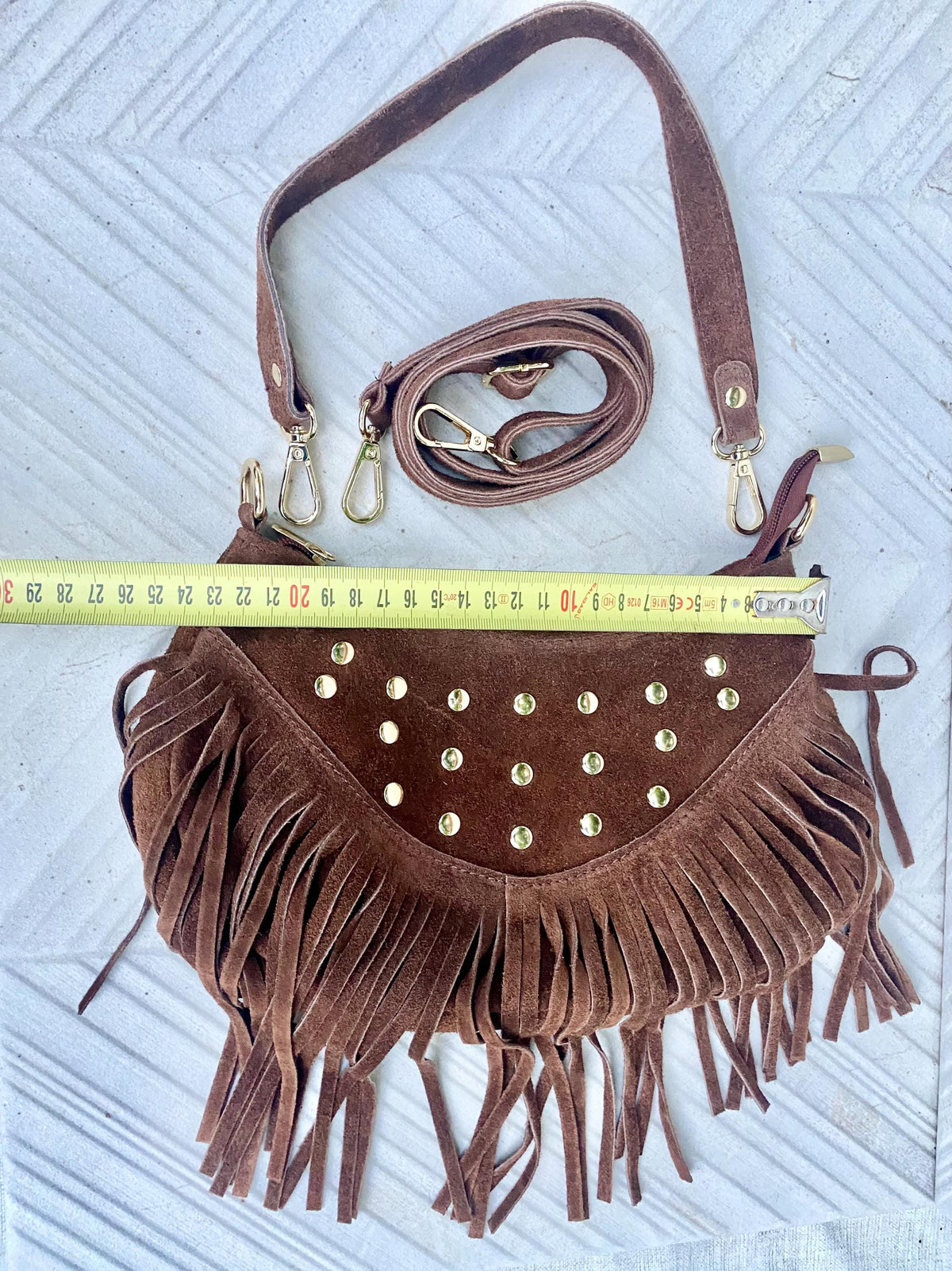 Small taupe brown suede crossbody bag with fringes + tacks. Light brown suede hippy purse. Greyge color genuine suede leather boho bag.