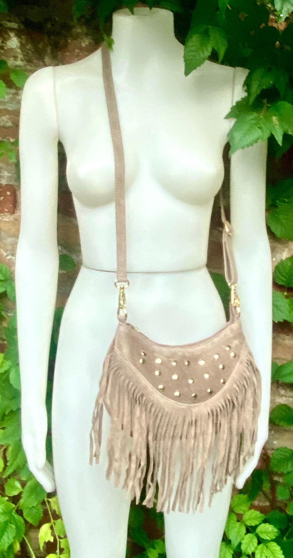 Small taupe brown suede crossbody bag with fringes + tacks. Light brown suede hippy purse. Greyge color genuine suede leather boho bag.