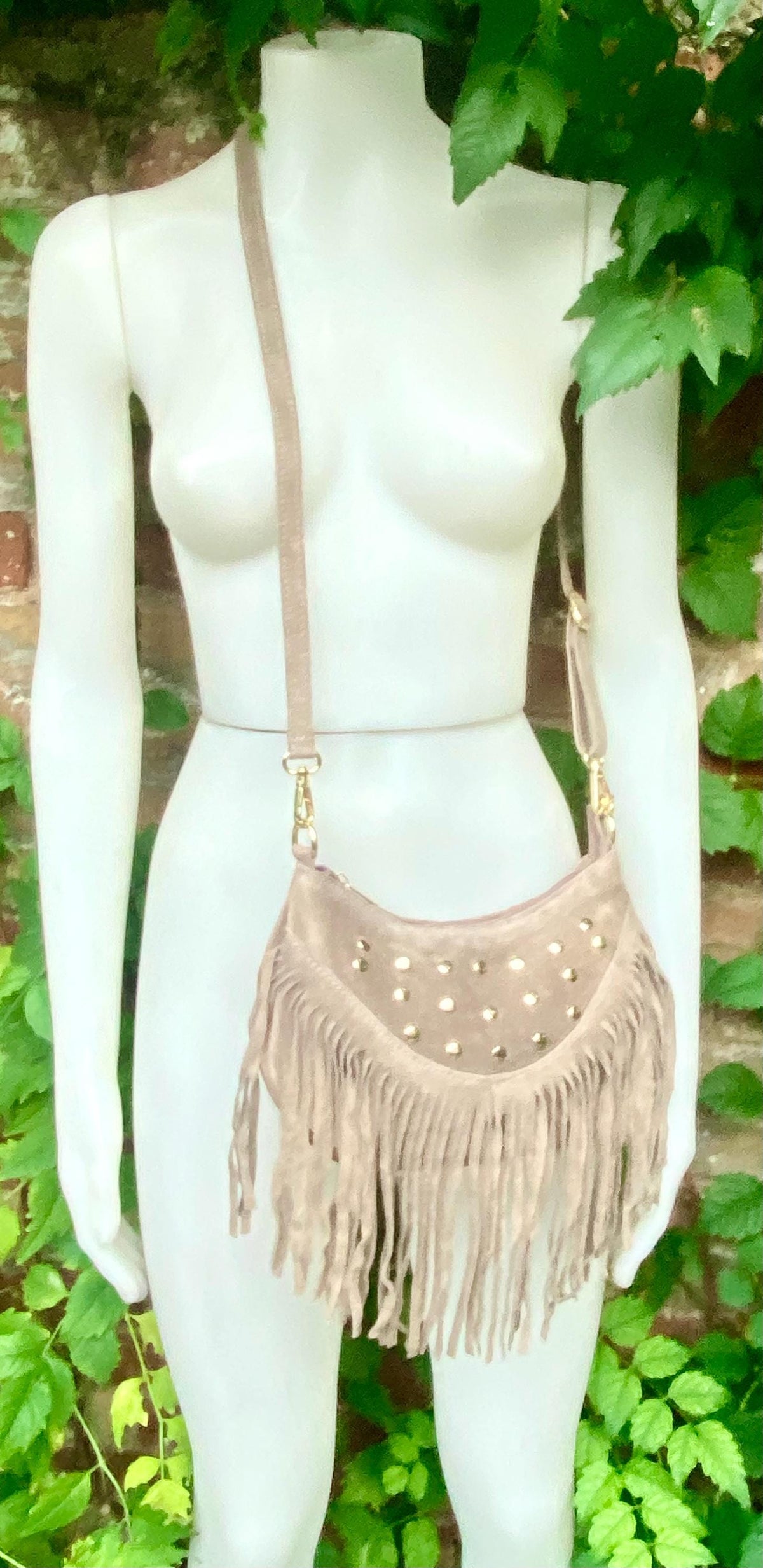 Small taupe brown suede crossbody bag with fringes + tacks. Light brown suede hippy purse. Greyge color genuine suede leather boho bag.