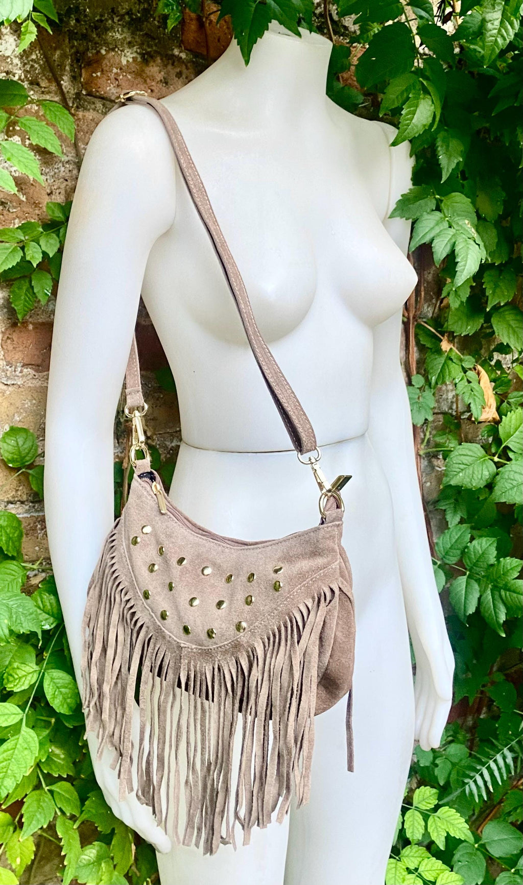 Small taupe brown suede crossbody bag with fringes + tacks. Light brown suede hippy purse. Greyge color genuine suede leather boho bag.