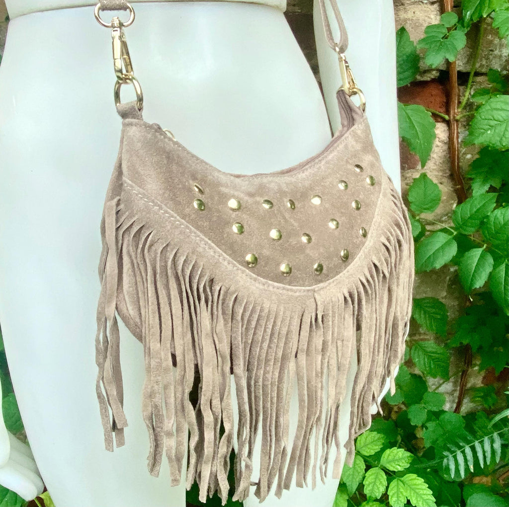 Small taupe brown suede crossbody bag with fringes + tacks. Light brown suede hippy purse. Greyge color genuine suede leather boho bag.