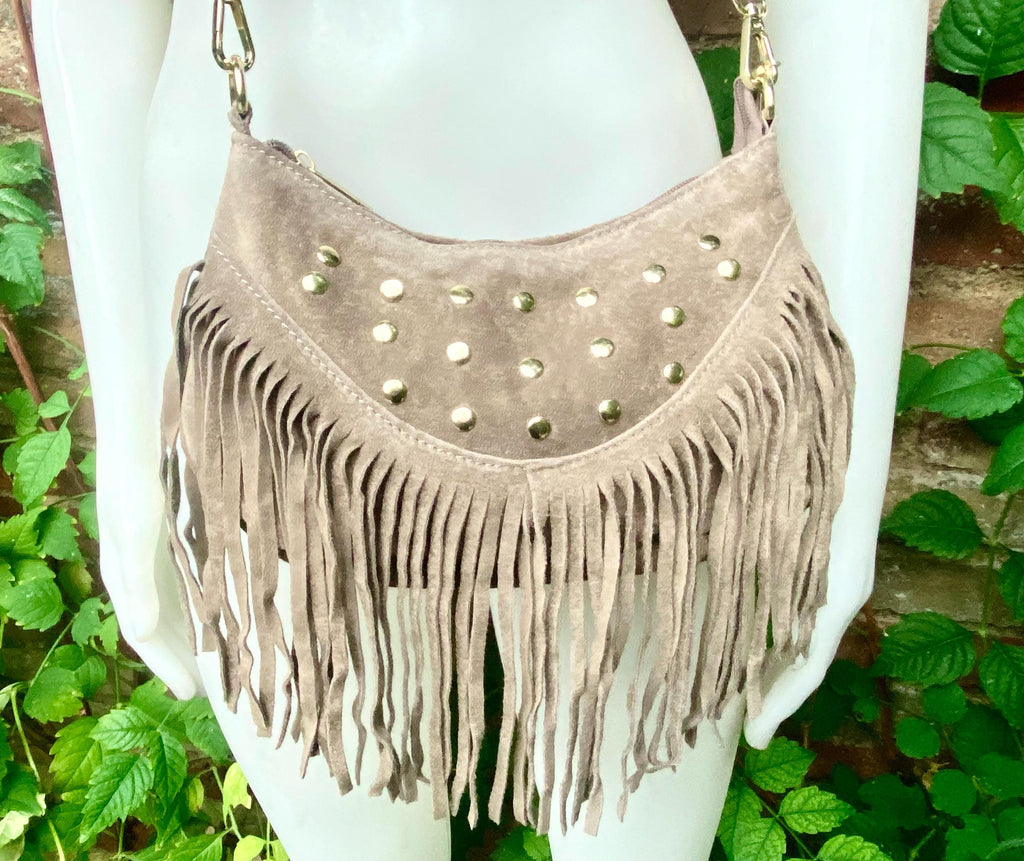 Small taupe brown suede crossbody bag with fringes + tacks. Light brown suede hippy purse. Greyge color genuine suede leather boho bag.