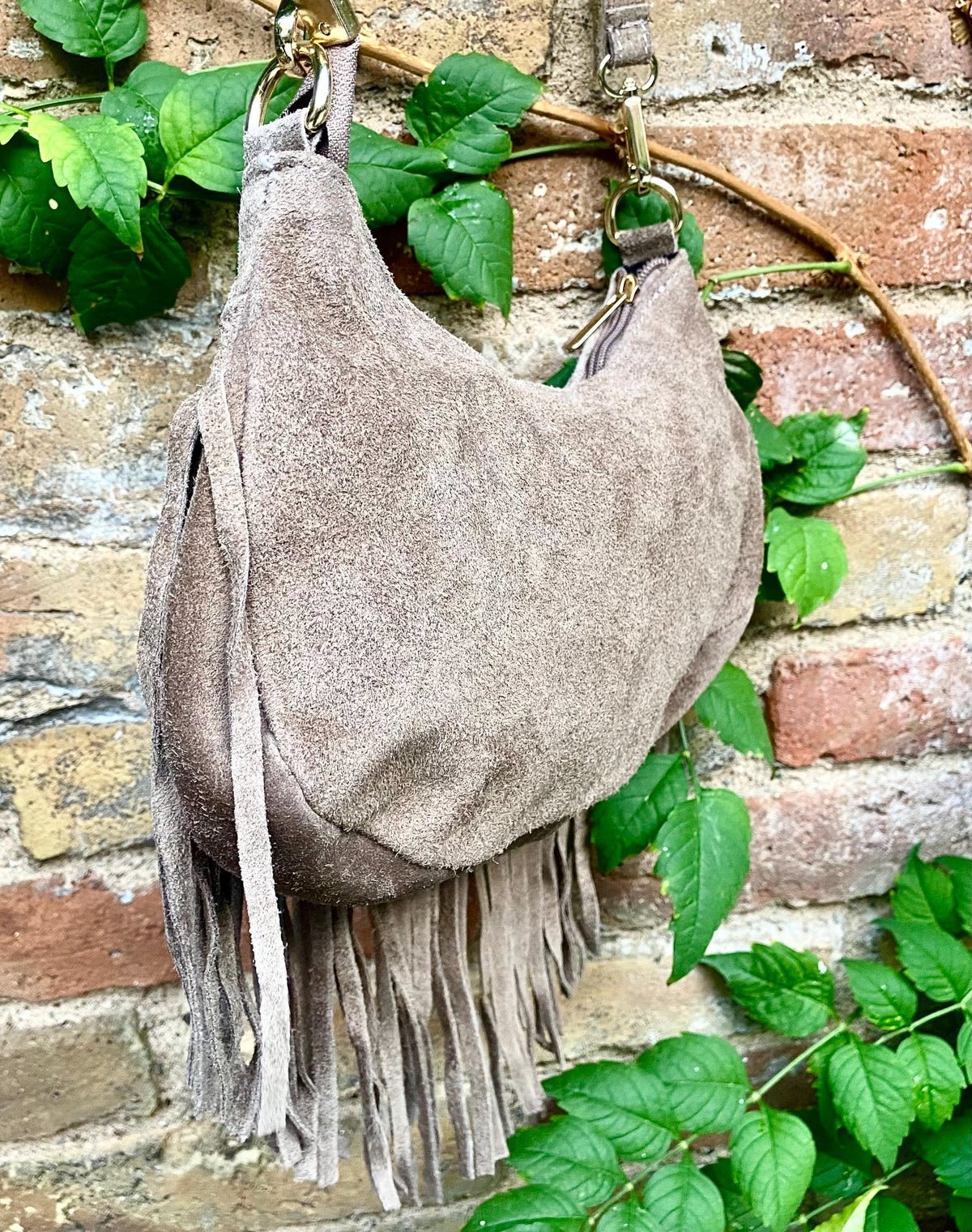Small taupe brown suede crossbody bag with fringes + tacks. Light brown suede hippy purse. Greyge color genuine suede leather boho bag.