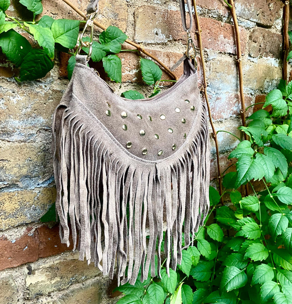 Small taupe brown suede crossbody bag with fringes + tacks. Light brown suede hippy purse. Greyge color genuine suede leather boho bag.