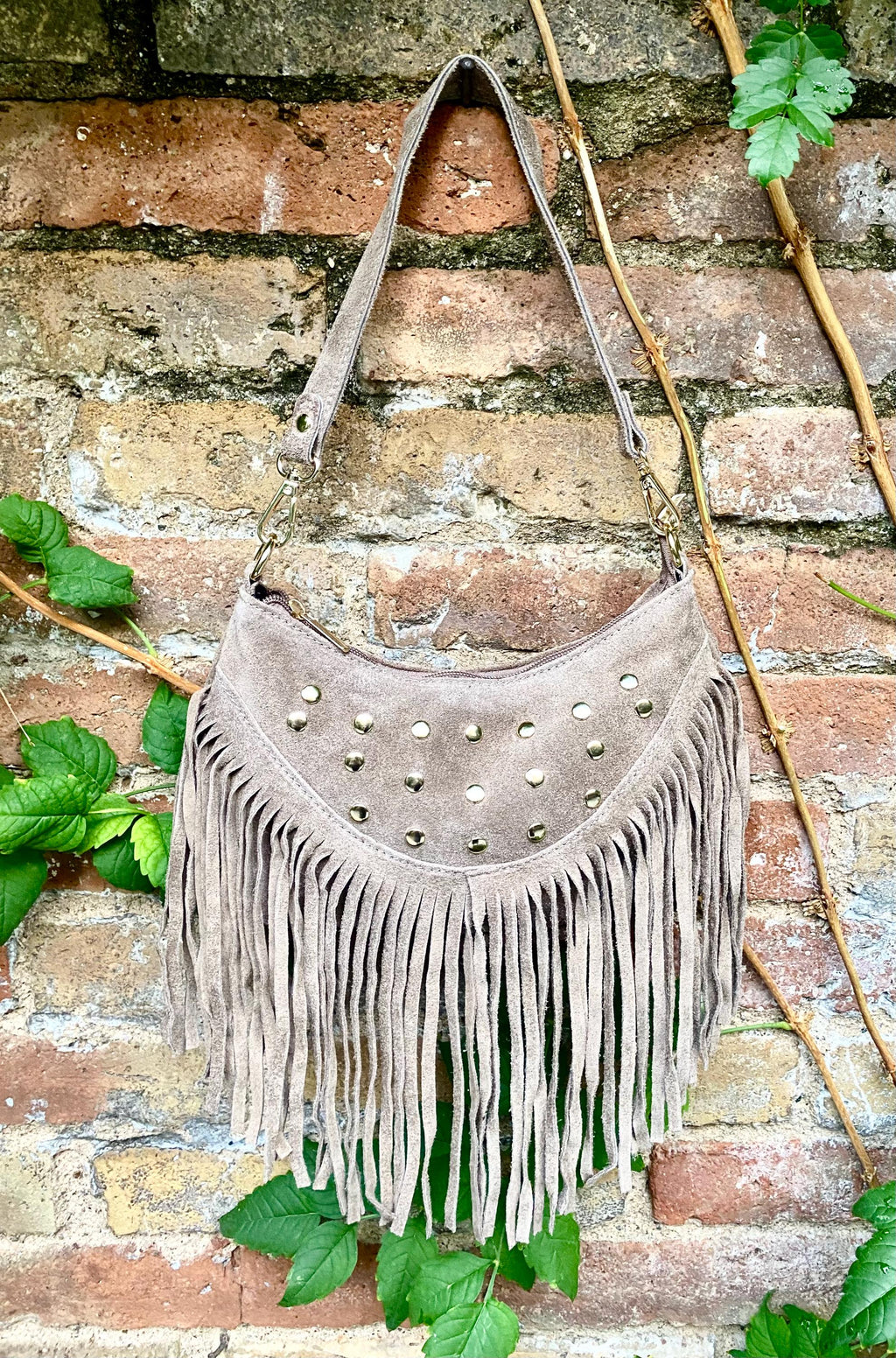 Small taupe brown suede crossbody bag with fringes + tacks. Light brown suede hippy purse. Greyge color genuine suede leather boho bag.