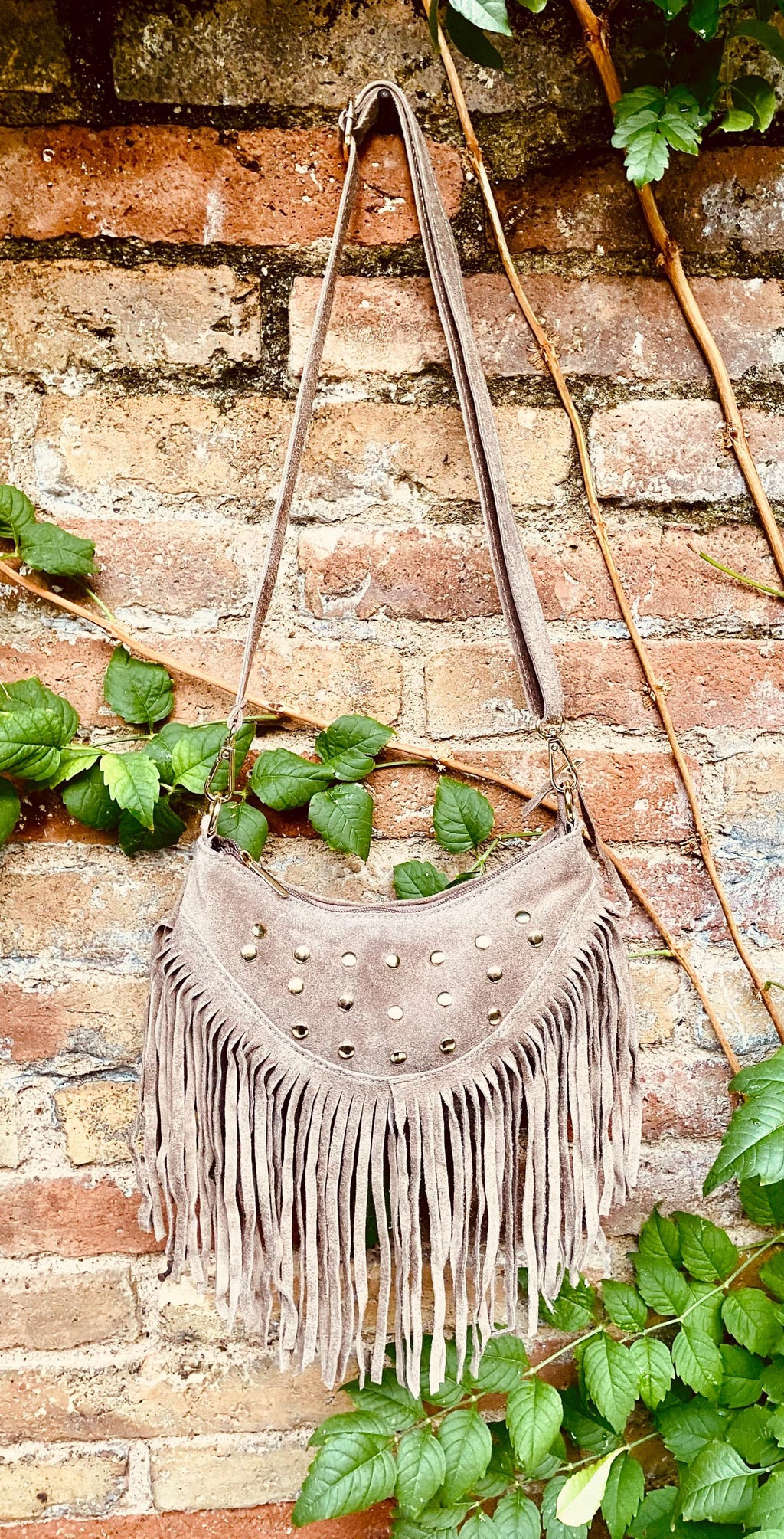 Small taupe brown suede crossbody bag with fringes + tacks. Light brown suede hippy purse. Greyge color genuine suede leather boho bag.