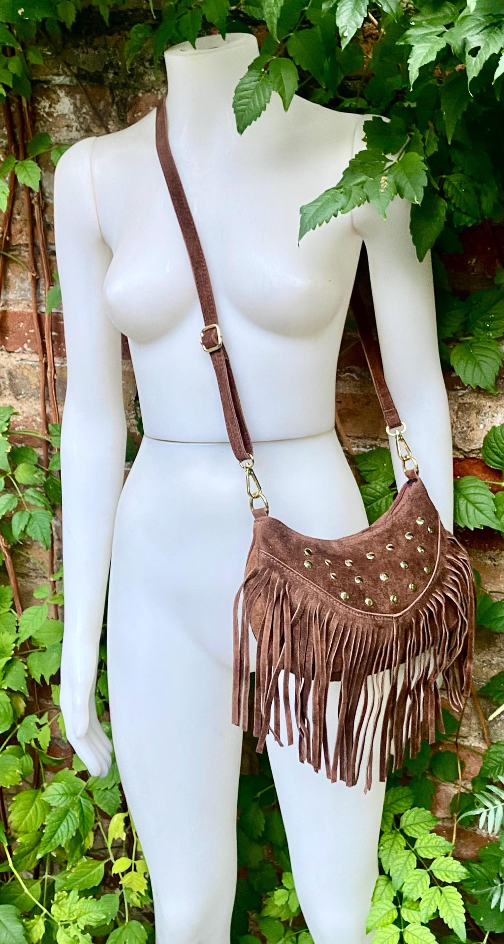 Small dark brown suede crossbody bag with fringes + tacks. Chocolate brown suede hippy purse. Brown genuine suede leather boho bag.