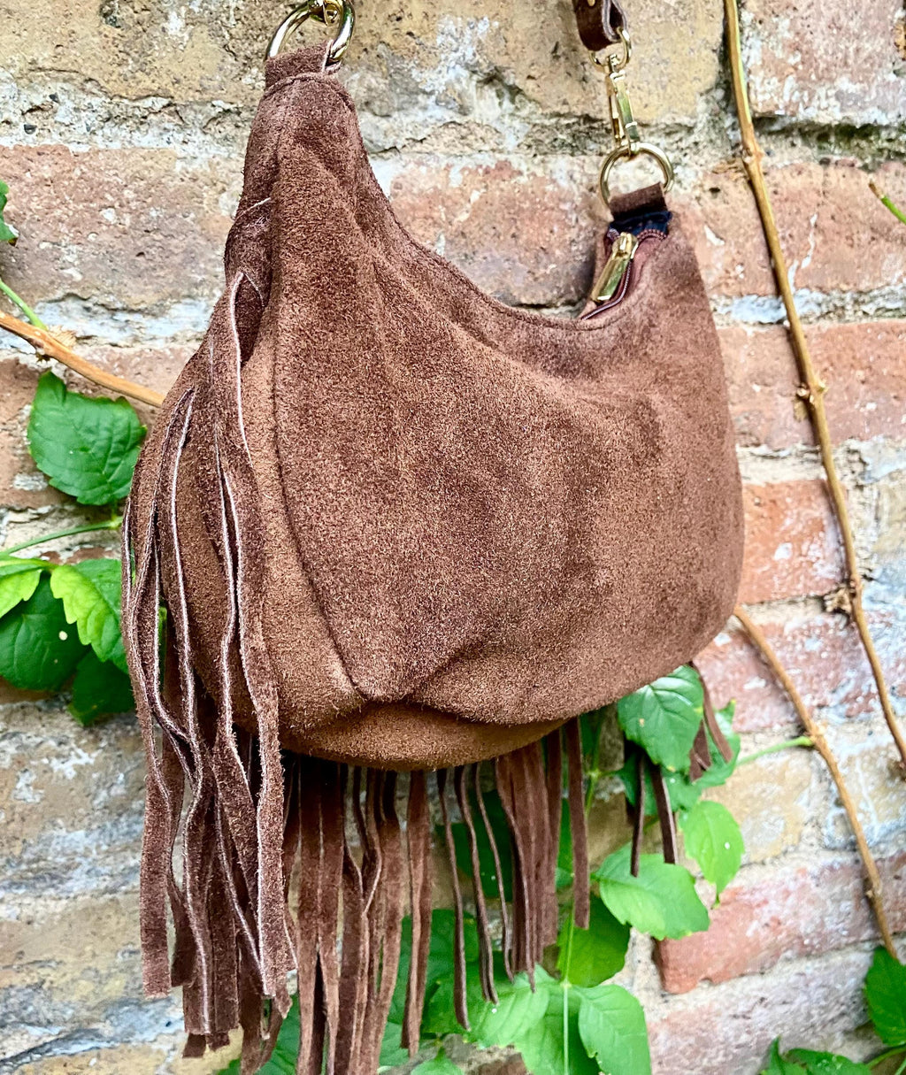 Small dark brown suede crossbody bag with fringes + tacks. Chocolate brown suede hippy purse. Brown genuine suede leather boho bag.