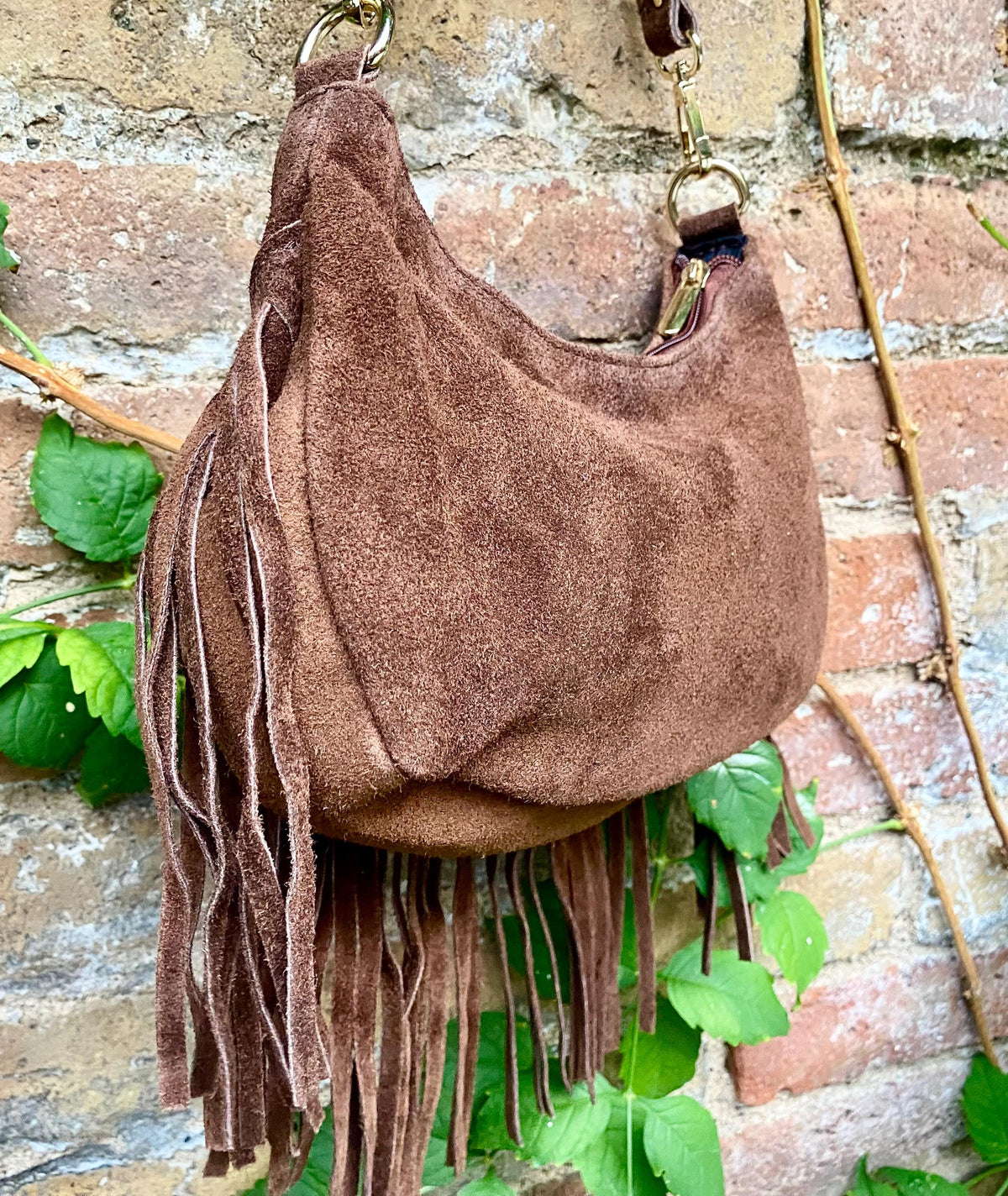 Small dark brown suede crossbody bag with fringes + tacks. Chocolate brown suede hippy purse. Brown genuine suede leather boho bag.