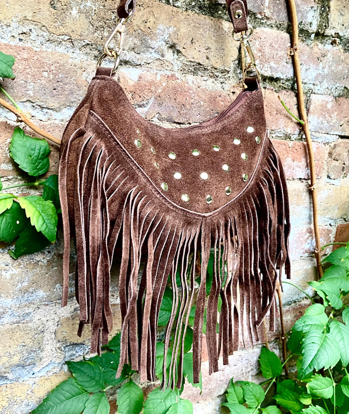 Small dark brown suede crossbody bag with fringes + tacks. Chocolate brown suede hippy purse. Brown genuine suede leather boho bag.