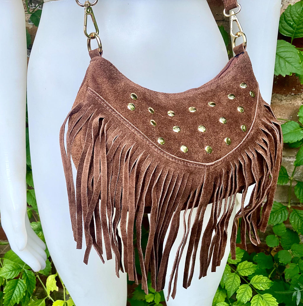 Small dark brown suede crossbody bag with fringes + tacks. Chocolate brown suede hippy purse. Brown genuine suede leather boho bag.