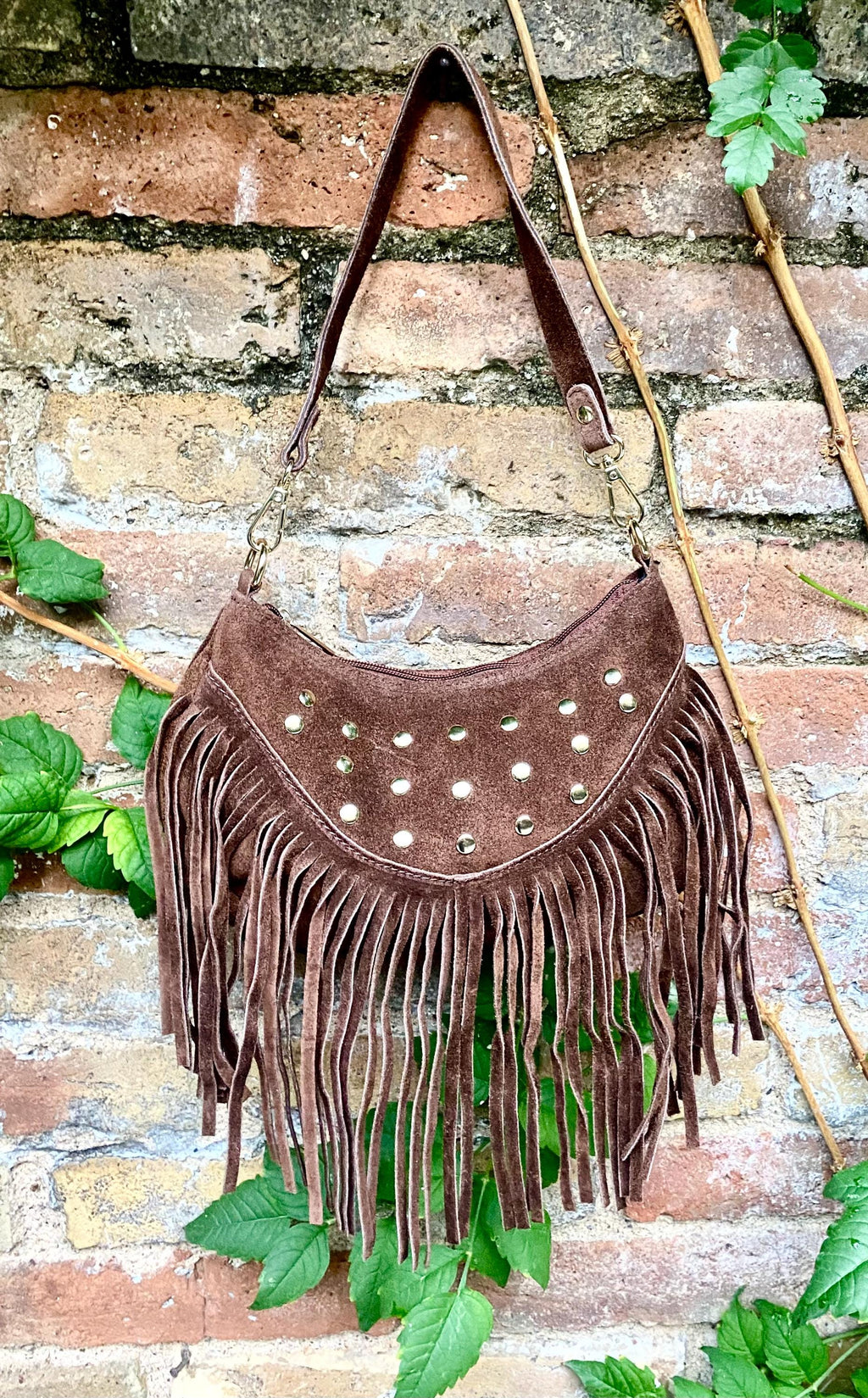Small dark brown suede crossbody bag with fringes + tacks. Chocolate brown suede hippy purse. Brown genuine suede leather boho bag.