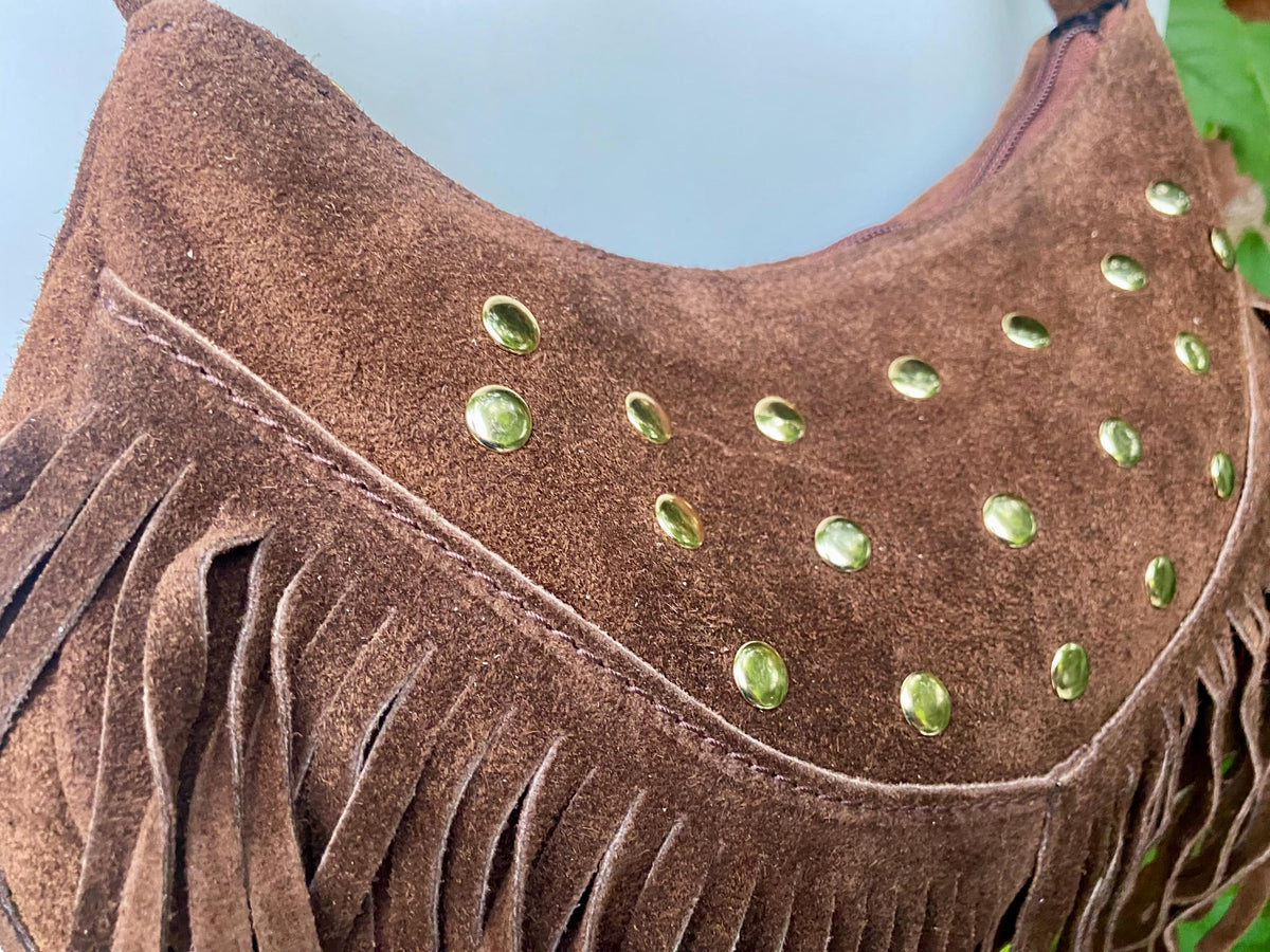 Small dark brown suede crossbody bag with fringes + tacks. Chocolate brown suede hippy purse. Brown genuine suede leather boho bag.