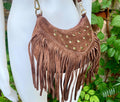 Small dark brown suede crossbody bag with fringes + tacks. Chocolate brown suede hippy purse. Brown genuine suede leather boho bag.