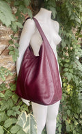Burgundy slouch bag. Tote leather bag in wine red with ZIPPER. Soft genuine leather. Dark red leather purse. Wide strap leather shopper.
