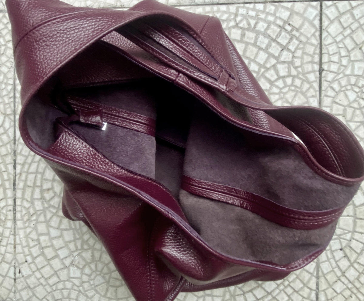 Burgundy slouch bag. Tote leather bag in wine red with ZIPPER. Soft genuine leather. Dark red leather purse. Wide strap leather shopper.
