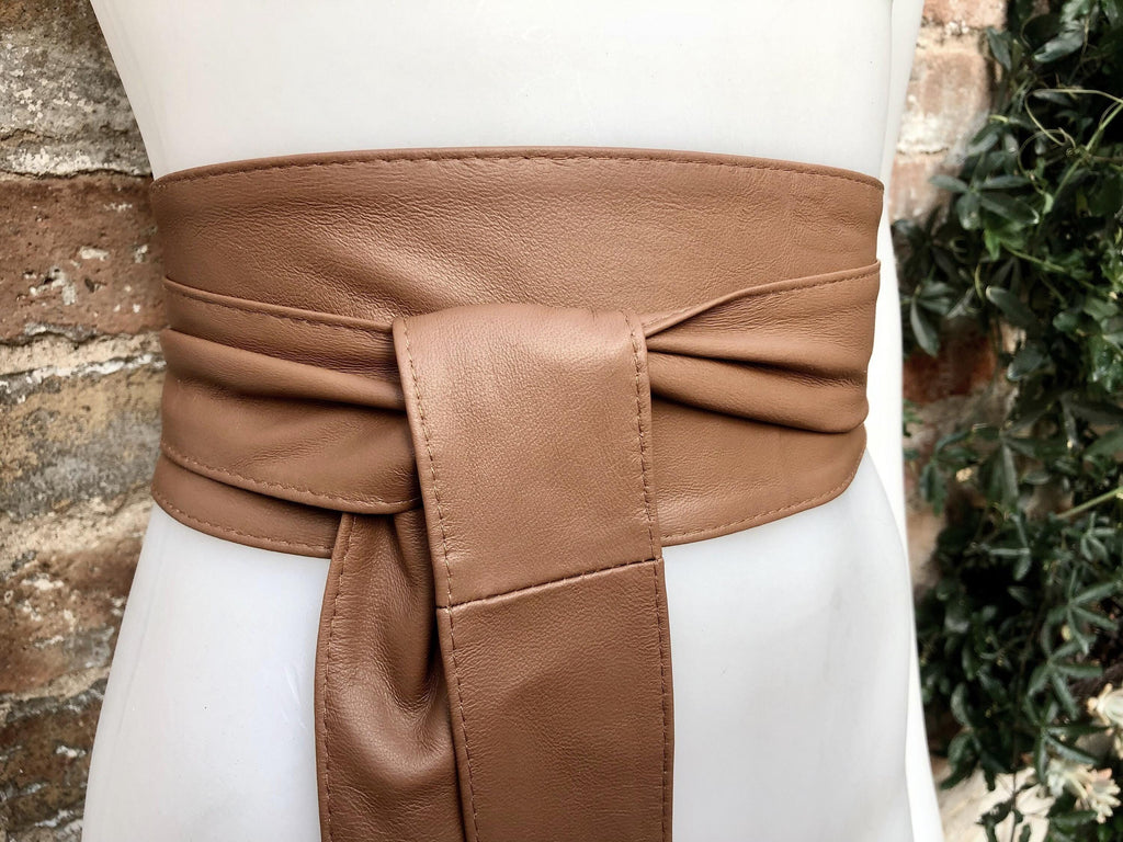 Dark CAMEL BROWN obi belt. Wrap belt in soft genuine leather. Wraparound waist belt. Wide style. Boho dress belt in TOBACCO/saddle brown