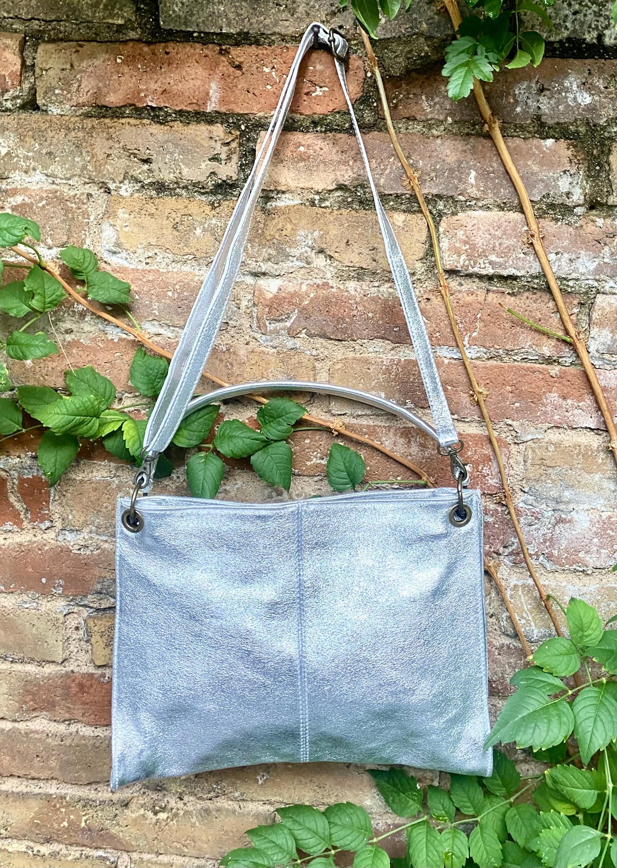 Genuine leather bag in SILVER .Cross body / shoulder bag. Silver purse with 2 straps.
