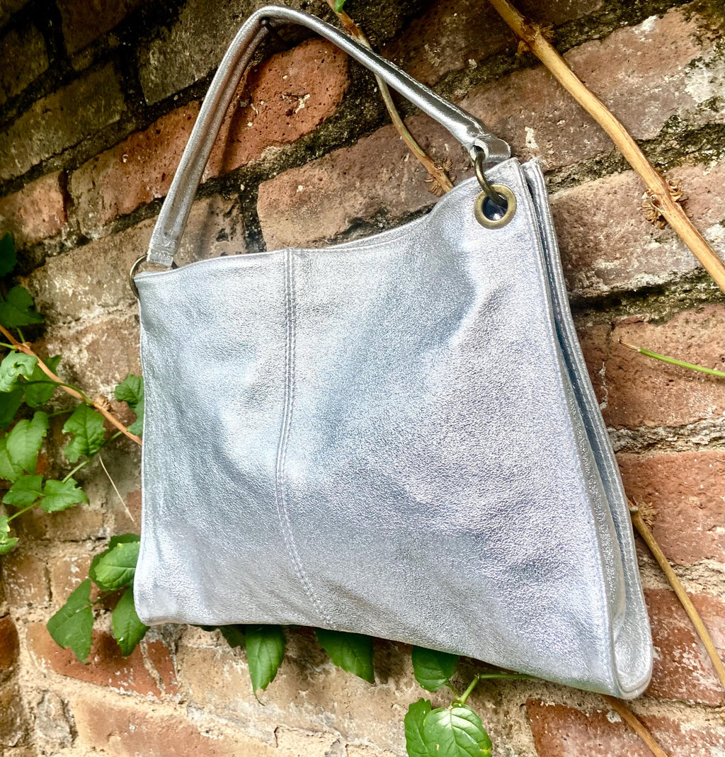Genuine leather bag in SILVER .Cross body / shoulder bag. Silver purse with 2 straps.