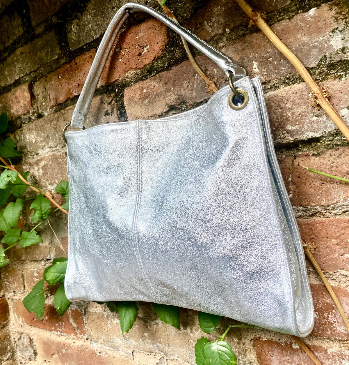 Genuine leather bag in SILVER .Cross body / shoulder bag. Silver purse with 2 straps.
