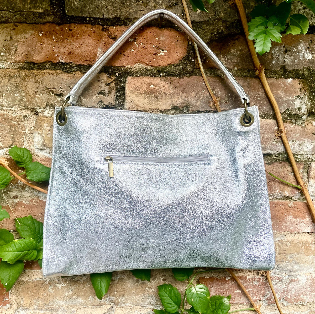 Genuine leather bag in SILVER .Cross body / shoulder bag. Silver purse with 2 straps.
