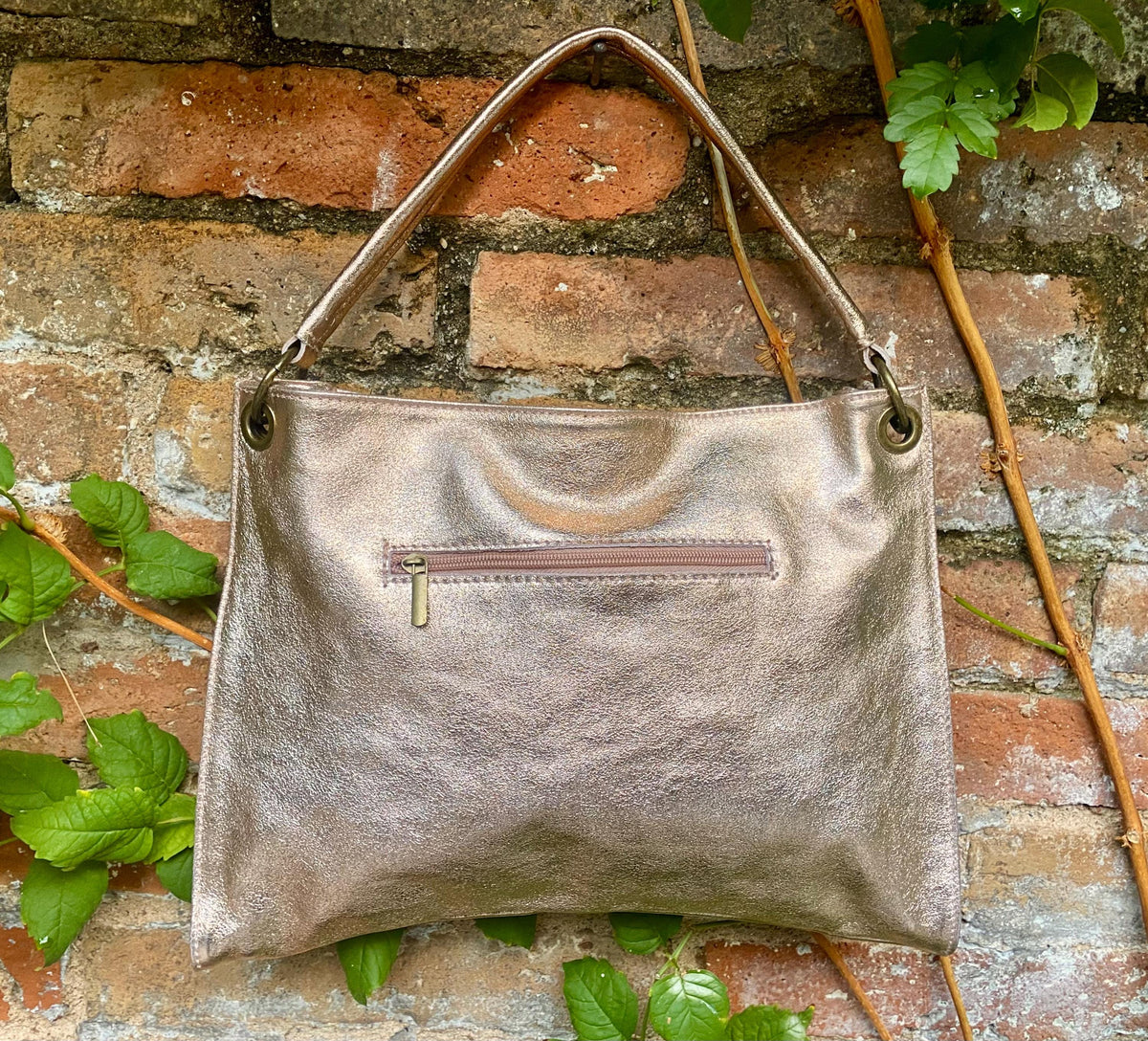 Genuine leather bag in PINK - GOLD .Crossbody / shoulder bag. Metallic salmon color purse with 2 straps. Shiny apricot - peach bag.