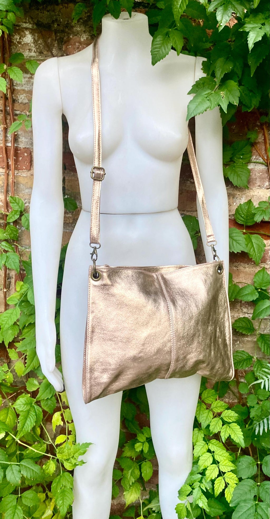 Genuine leather bag in PINK - GOLD .Crossbody / shoulder bag. Metallic salmon color purse with 2 straps. Shiny apricot - peach bag.