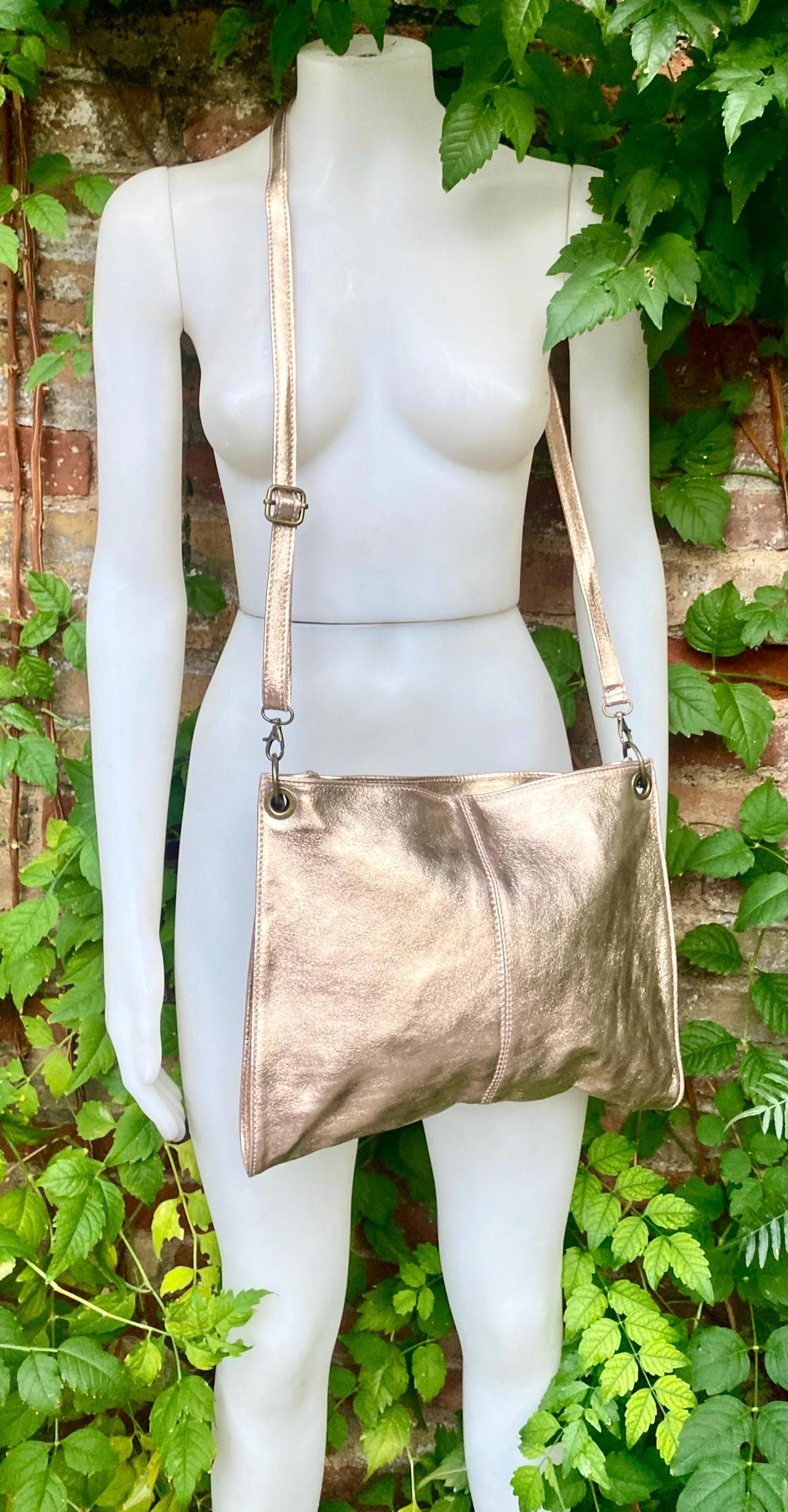 Genuine leather bag in PINK - GOLD .Crossbody / shoulder bag. Metallic salmon color purse with 2 straps. Shiny apricot - peach bag.
