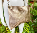 Genuine leather bag in PINK - GOLD .Crossbody / shoulder bag. Metallic salmon color purse with 2 straps. Shiny apricot - peach bag.