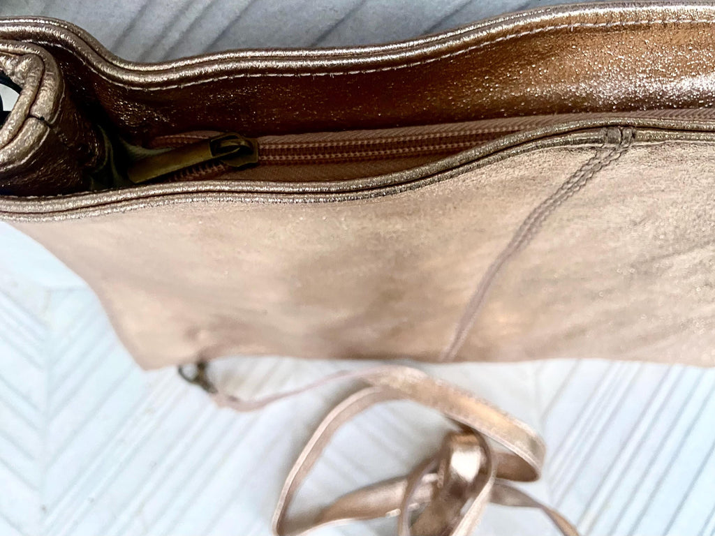 Genuine leather bag in PINK - GOLD .Crossbody / shoulder bag. Metallic salmon color purse with 2 straps. Shiny apricot - peach bag.