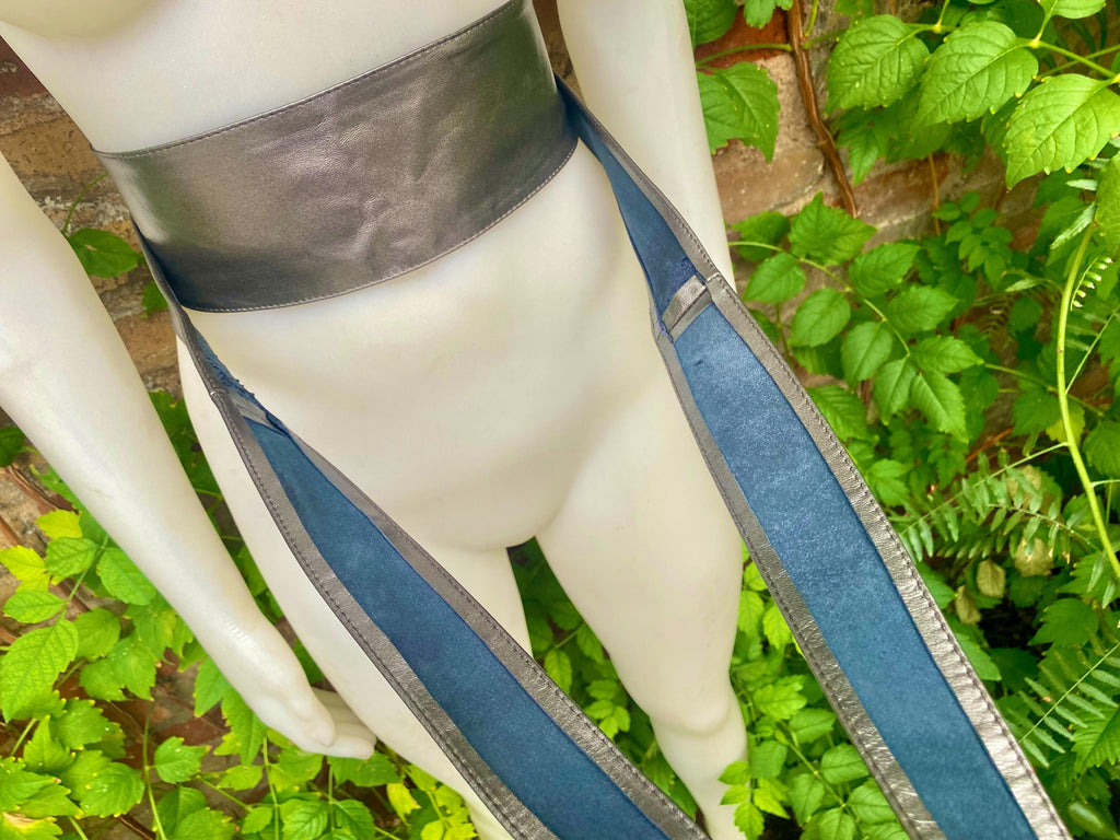 Dark SILVER obi belt. Wrap belt in soft genuine leather. Wide wraparound waist belt. Boho dress belt in metallic leather. Silver obi belt.