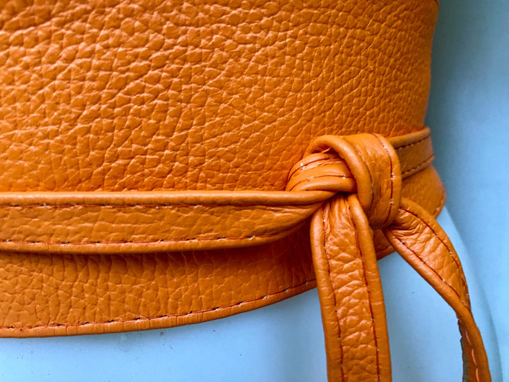 ORANGE obi belt in soft leather. Wrap belt in light ORANGE. Wide waist belt in marigold color. Wraparound belt. Orange sash.