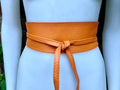 ORANGE obi belt in soft leather. Wrap belt in light ORANGE. Wide waist belt in marigold color. Wraparound belt. Orange sash.