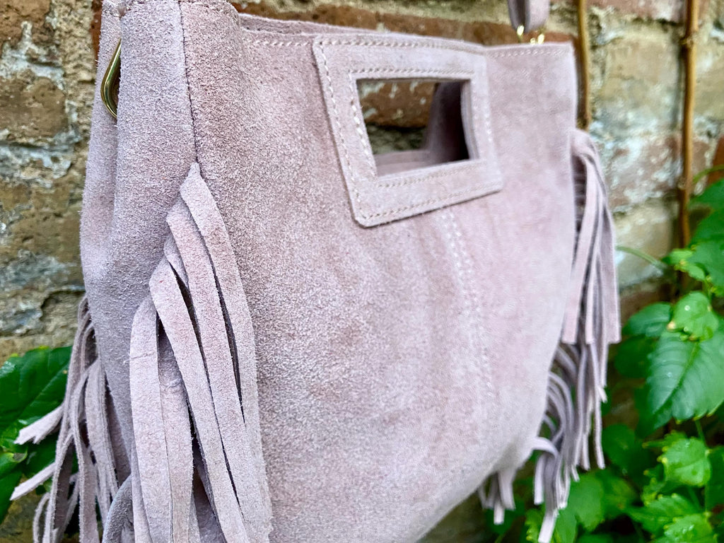 Dusty pink crossbody fringed bag. Light pink BOHO suede leather bag with FRINGES. Soft genuine pink suede leather. Light pink suede purse.