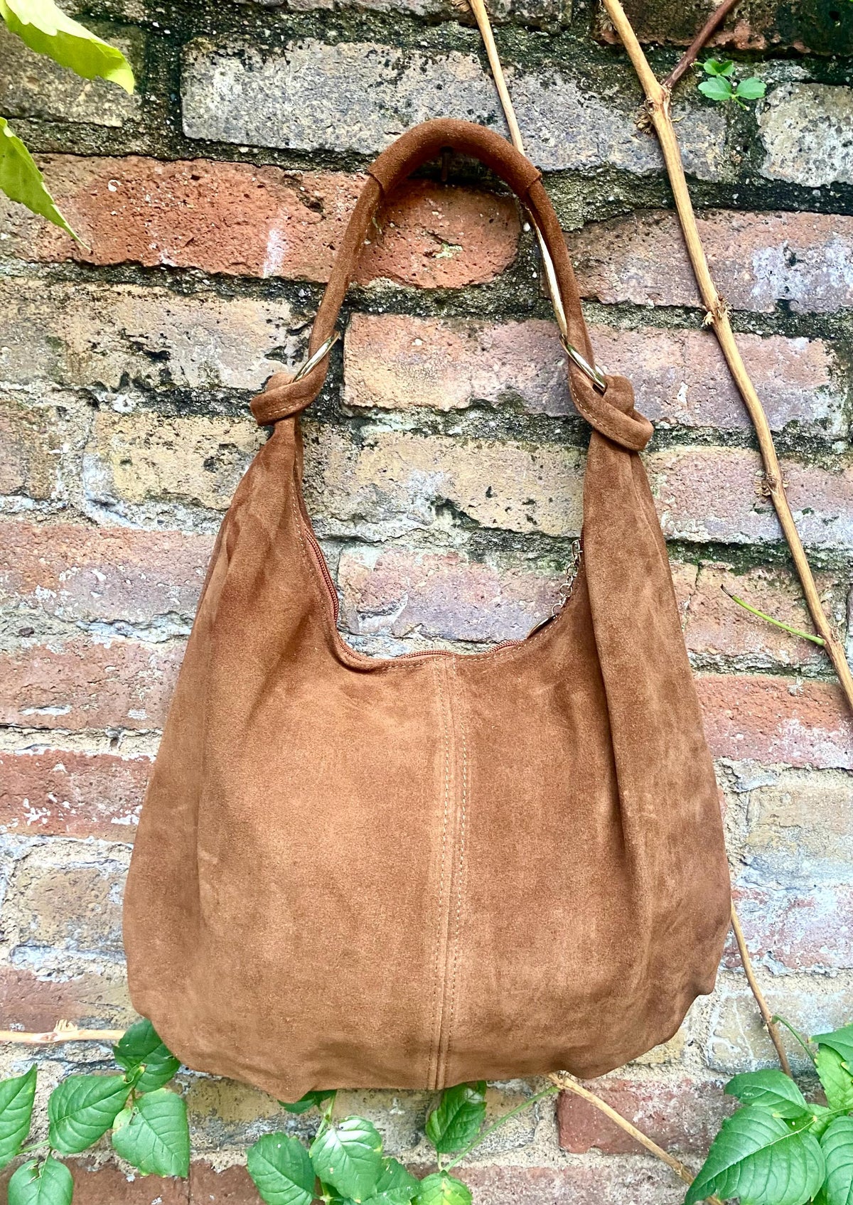 Dark camel brown suede slouchy bag with ZIPPER + lining. Natural suede shopper, genuine leather bag. Rusty brown suede purse. Hobo suede bag