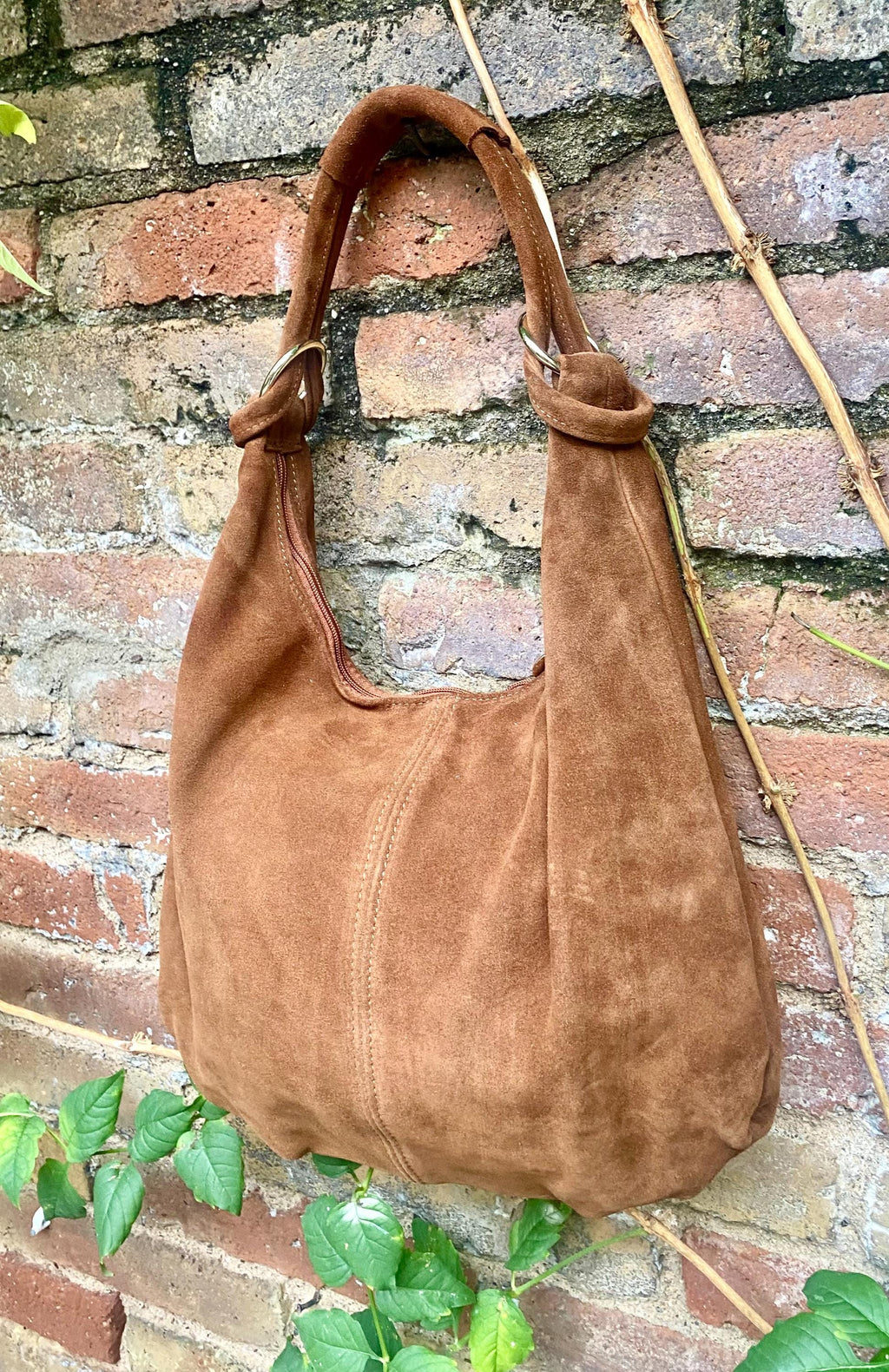 Dark camel brown suede slouchy bag with ZIPPER + lining. Natural suede shopper, genuine leather bag. Rusty brown suede purse. Hobo suede bag