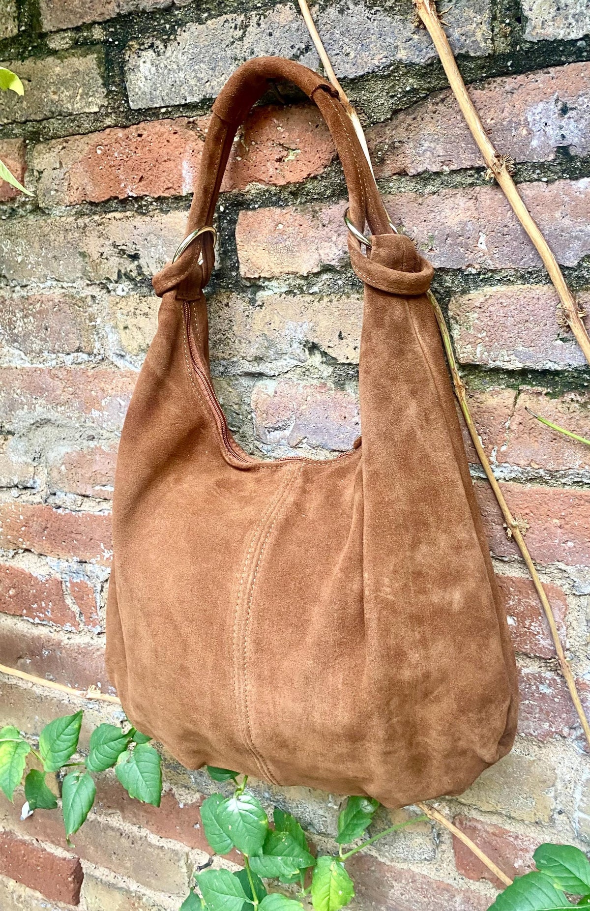 Dark camel brown suede slouchy bag with ZIPPER + lining. Natural suede shopper, genuine leather bag. Rusty brown suede purse. Hobo suede bag
