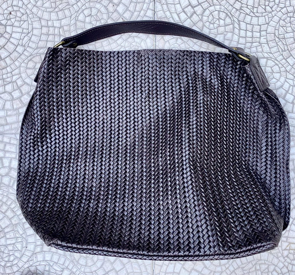 Dark brown slouchy leather bag. Hobo shoulder bag. Braided / engraved genuine leather book / tablet bag. Chocolate brown leather shopper.