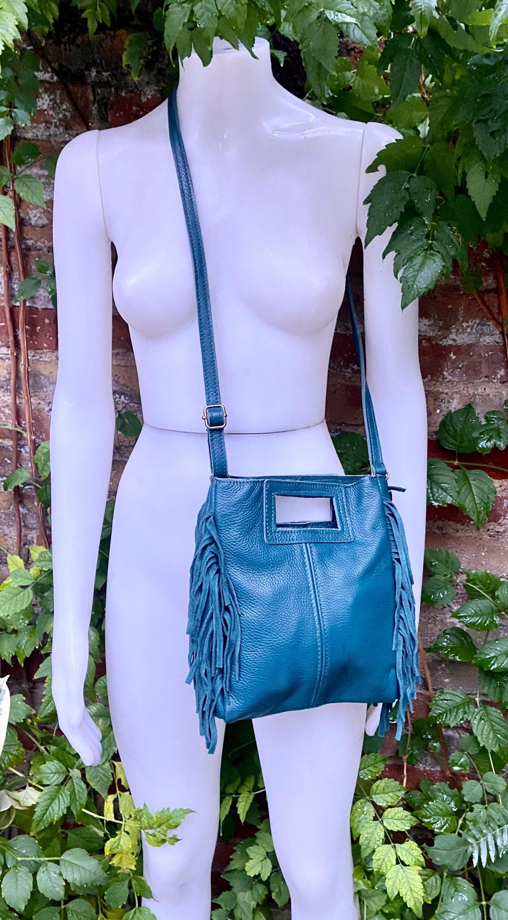 Teal crossbody fringed bag. BOHO suede leather bag with FRINGES. Blue - green genuine leather. Teal hippy leather purse