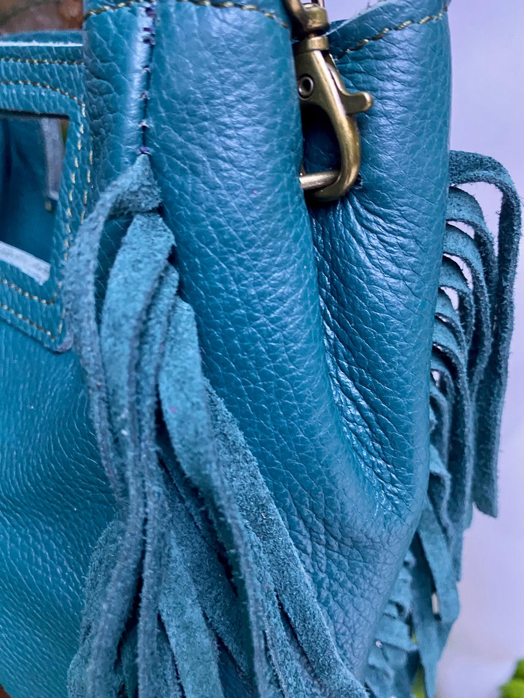 Teal crossbody fringed bag. BOHO suede leather bag with FRINGES. Blue - green genuine leather. Teal hippy leather purse