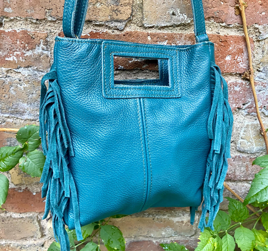 Teal crossbody fringed bag. BOHO suede leather bag with FRINGES. Blue - green genuine leather. Teal hippy leather purse