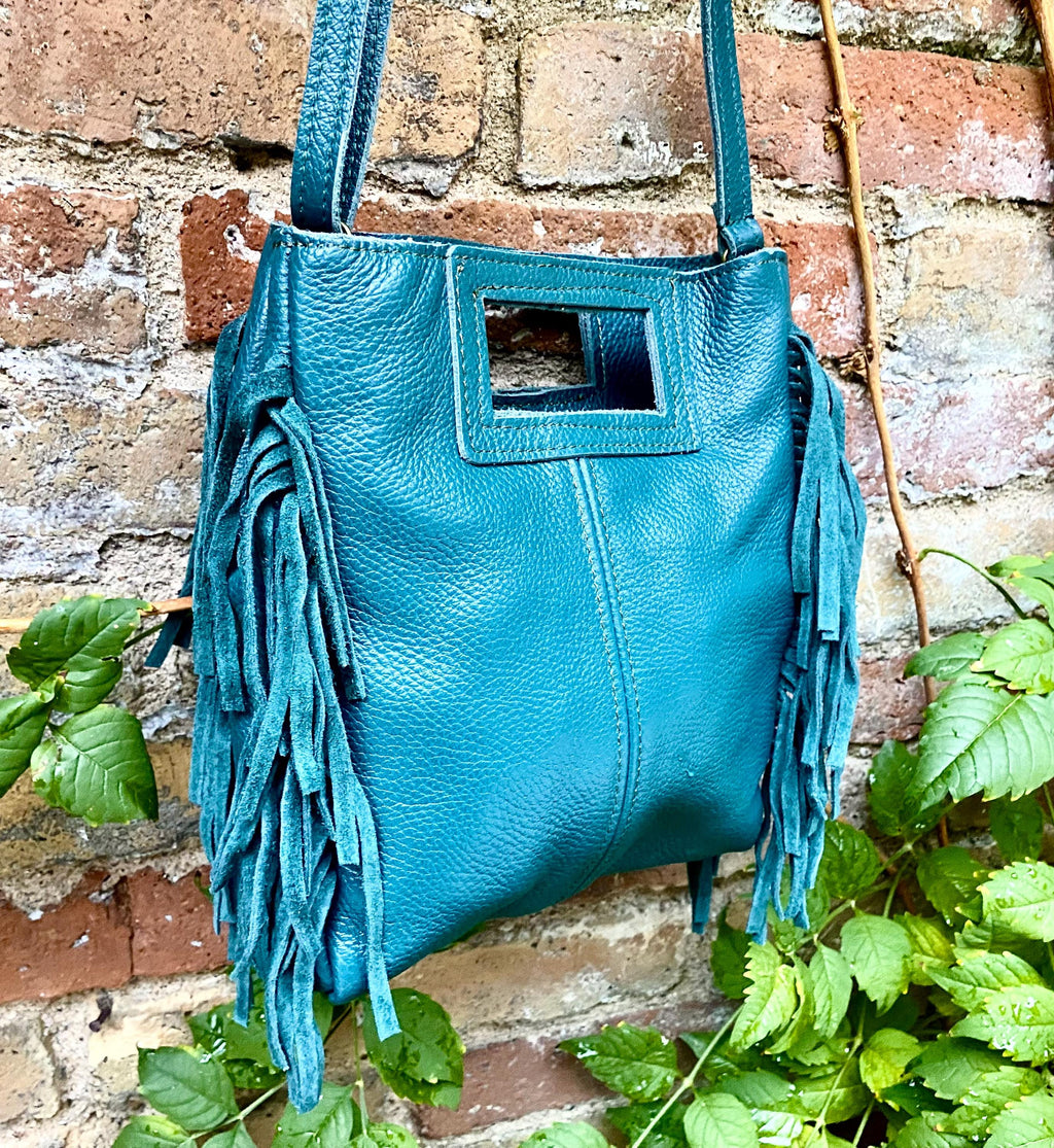 Teal crossbody fringed bag. BOHO suede leather bag with FRINGES. Blue - green genuine leather. Teal hippy leather purse
