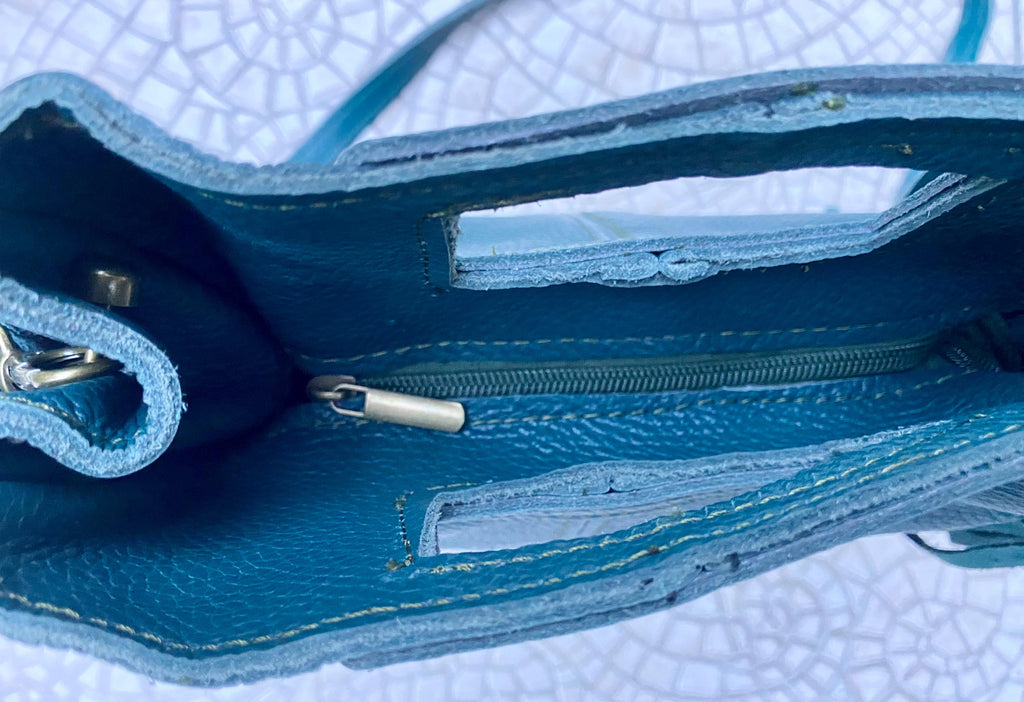 Teal crossbody fringed bag. BOHO suede leather bag with FRINGES. Blue - green genuine leather. Teal hippy leather purse