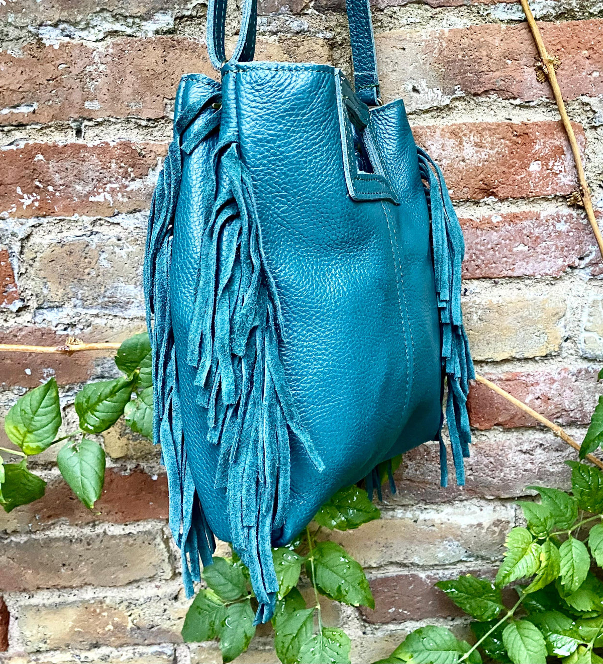 Teal crossbody fringed bag. BOHO suede leather bag with FRINGES. Blue - green genuine leather. Teal hippy leather purse