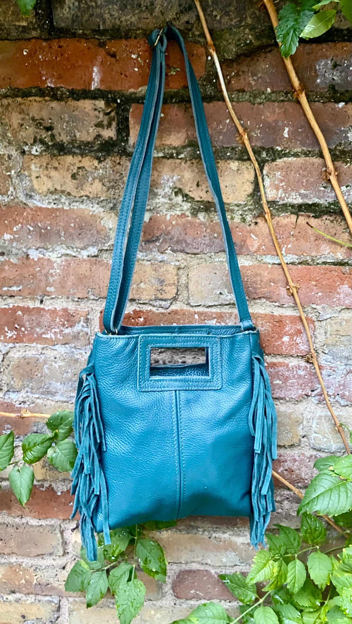 Teal crossbody fringed bag. BOHO suede leather bag with FRINGES. Blue - green genuine leather. Teal hippy leather purse