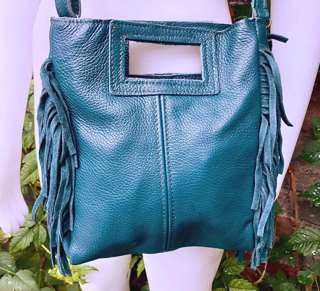 Teal crossbody fringed bag. BOHO suede leather bag with FRINGES. Blue - green genuine leather. Teal hippy leather purse