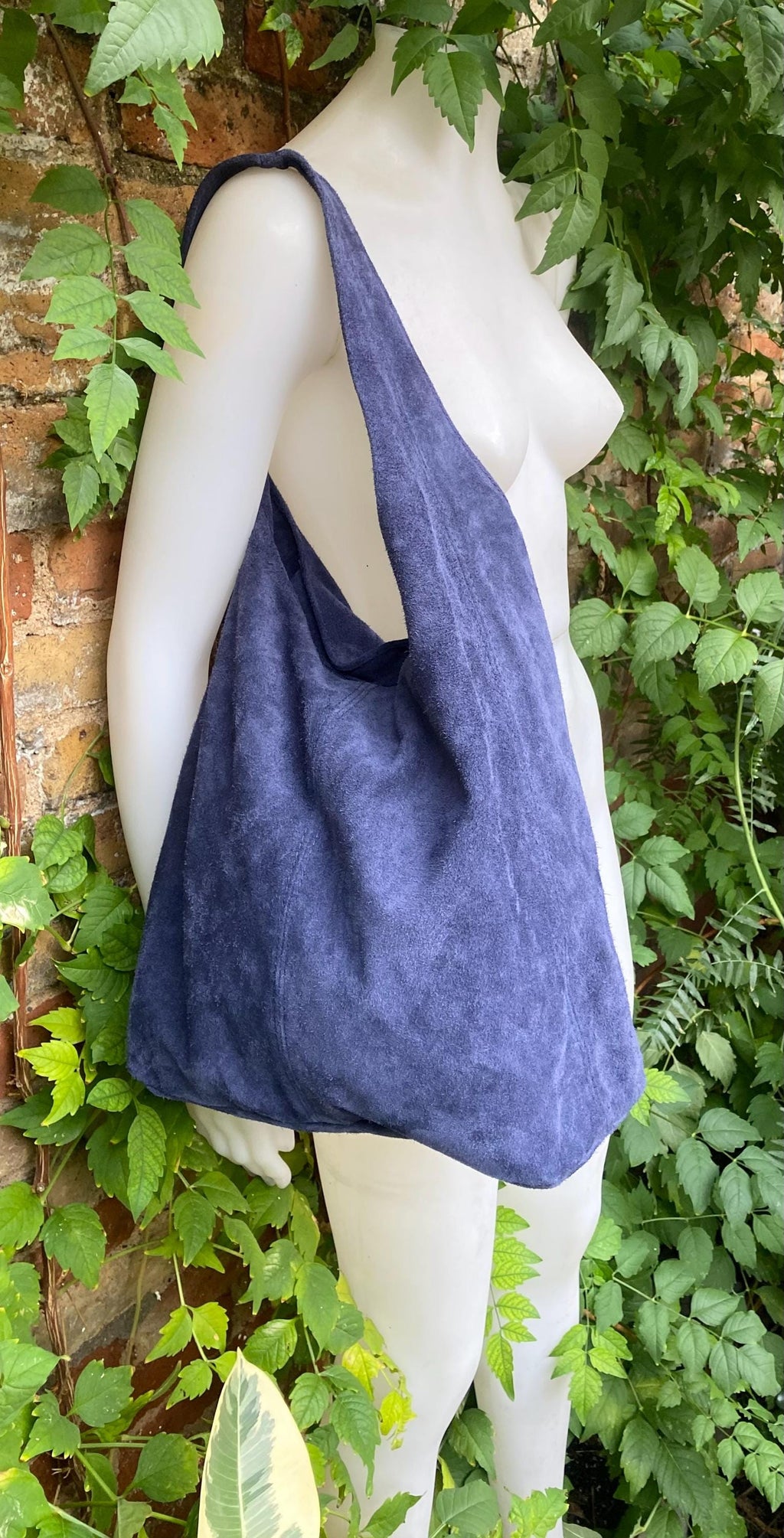 Slouch bag with zipper. NAVY blue tote leather bag. Soft natural suede genuine leather bag. Dark blue boho bag. NAVY suede bag.