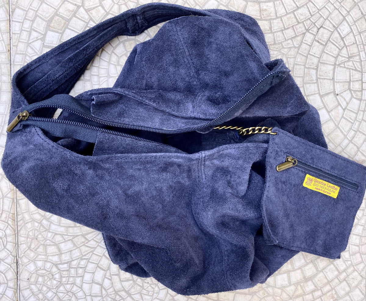 Slouch bag with zipper. NAVY blue tote leather bag. Soft natural suede genuine leather bag. Dark blue boho bag. NAVY suede bag.